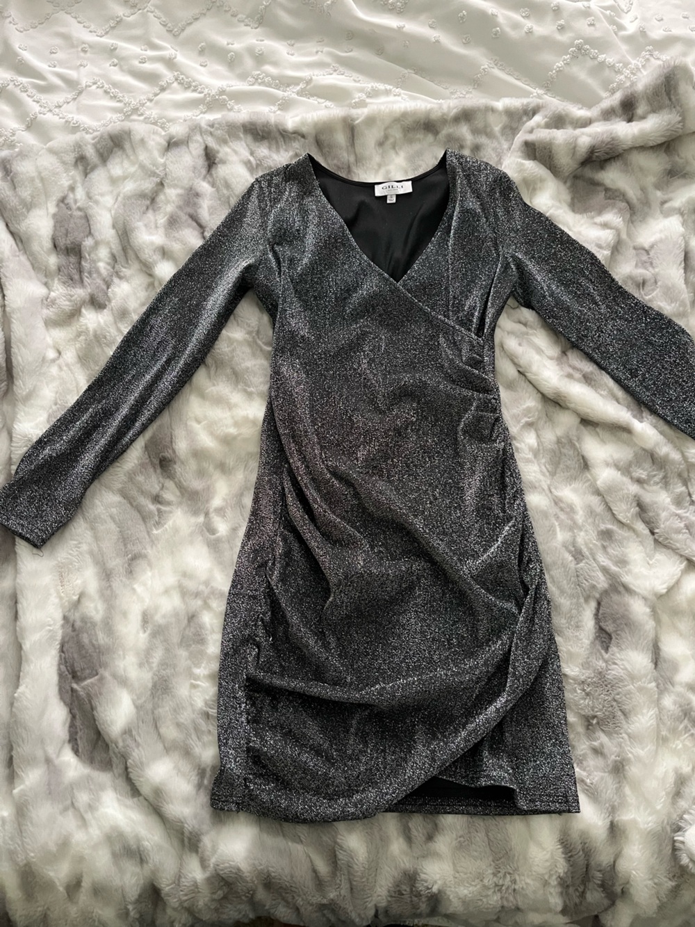 Gilli Silver Metallic Long Sleeve Wrap Dress